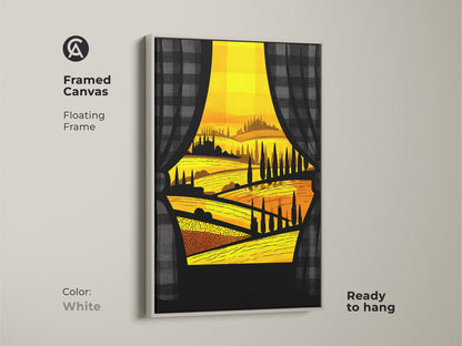 Framed canvas art print featuring a Tuscan landscape with a white floating frame. The golden hills village print offers a modern folk art touch. Ready to hang this unique wall art will brighten any home or makes a thoughtful housewarming gift.