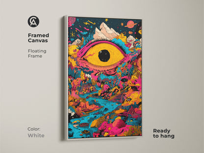Brighten your walls with this framed canvas print featuring a surreal eye overseeing a colorful world. The white floating frame offers a clean modern look. Ready to hang this artwork brings cosmic surrealism and vibrant colors to any room.