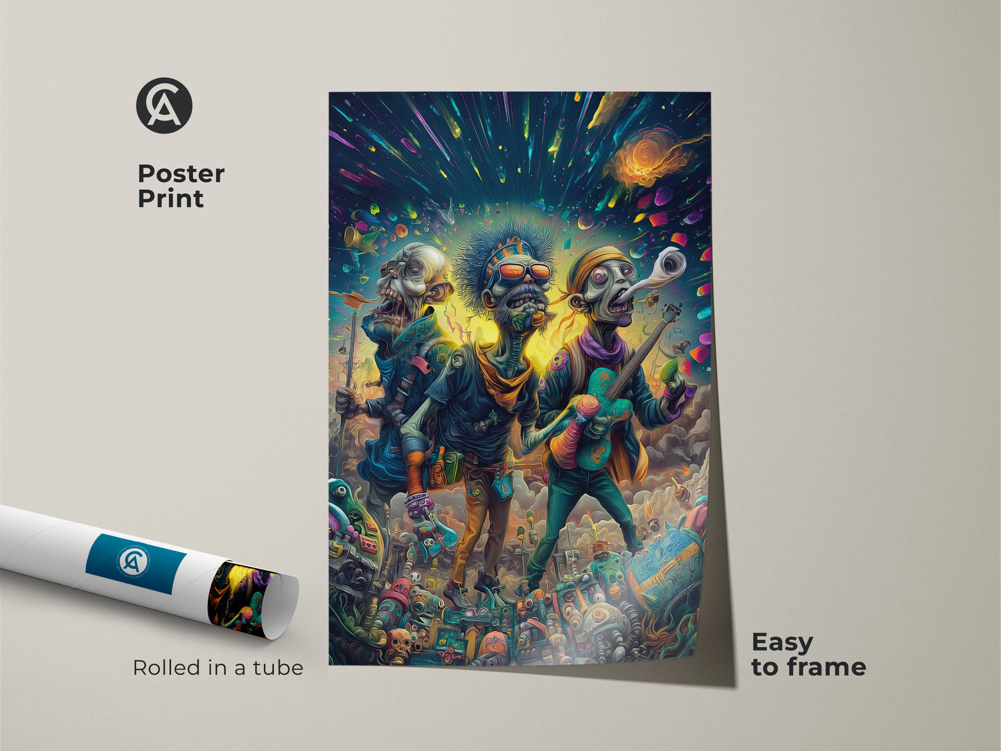 Poster print of a zombie band performing live. This art print features undead musicians rocking out under a cosmic sky. Rolled in a tube for easy framing. Add a touch of the surreal to your space with this unique poster. Perfect for music and horror fans.