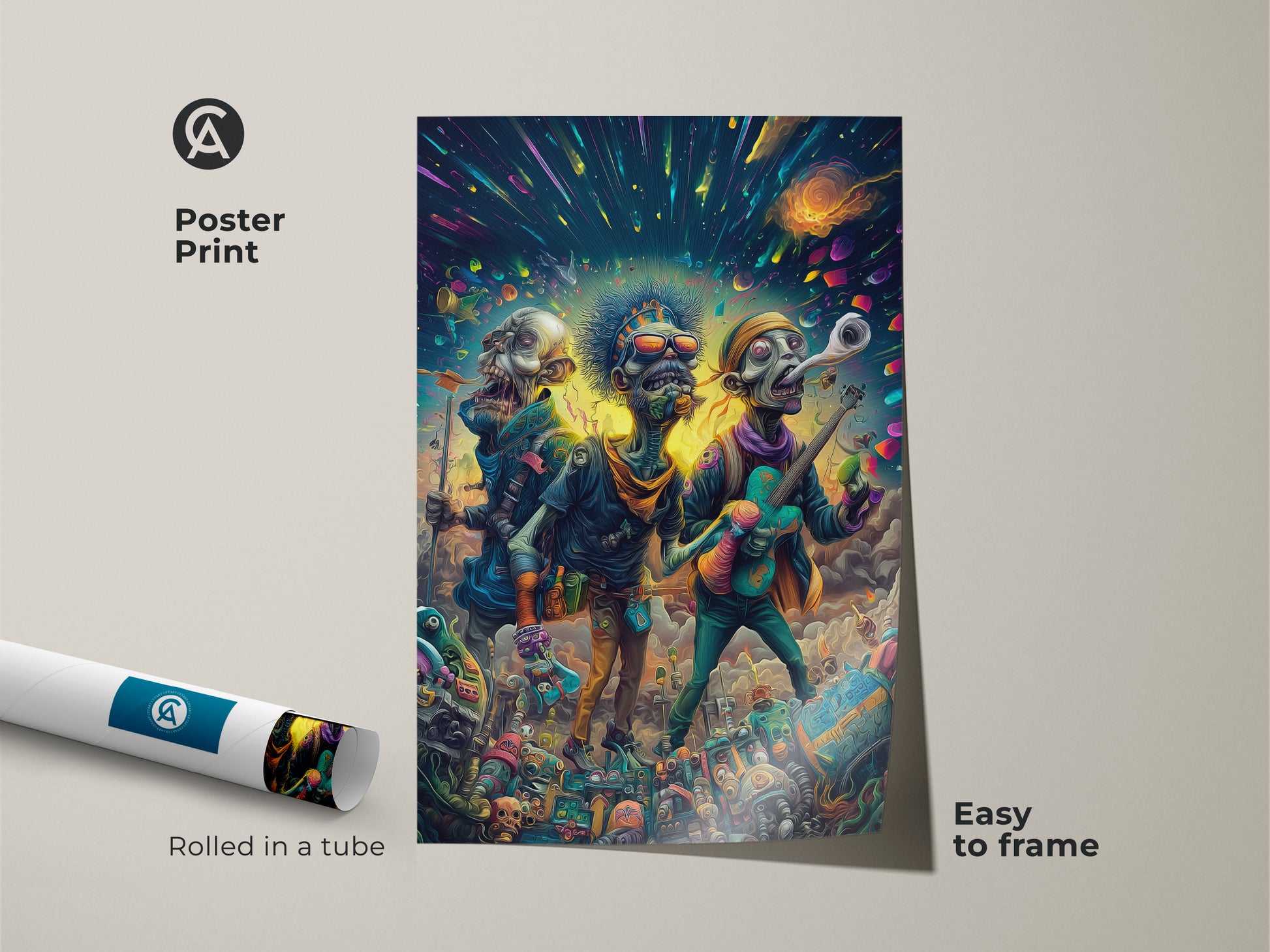 Poster print of a zombie band performing live. This art print features undead musicians rocking out under a cosmic sky. Rolled in a tube for easy framing. Add a touch of the surreal to your space with this unique poster. Perfect for music and horror fans.
