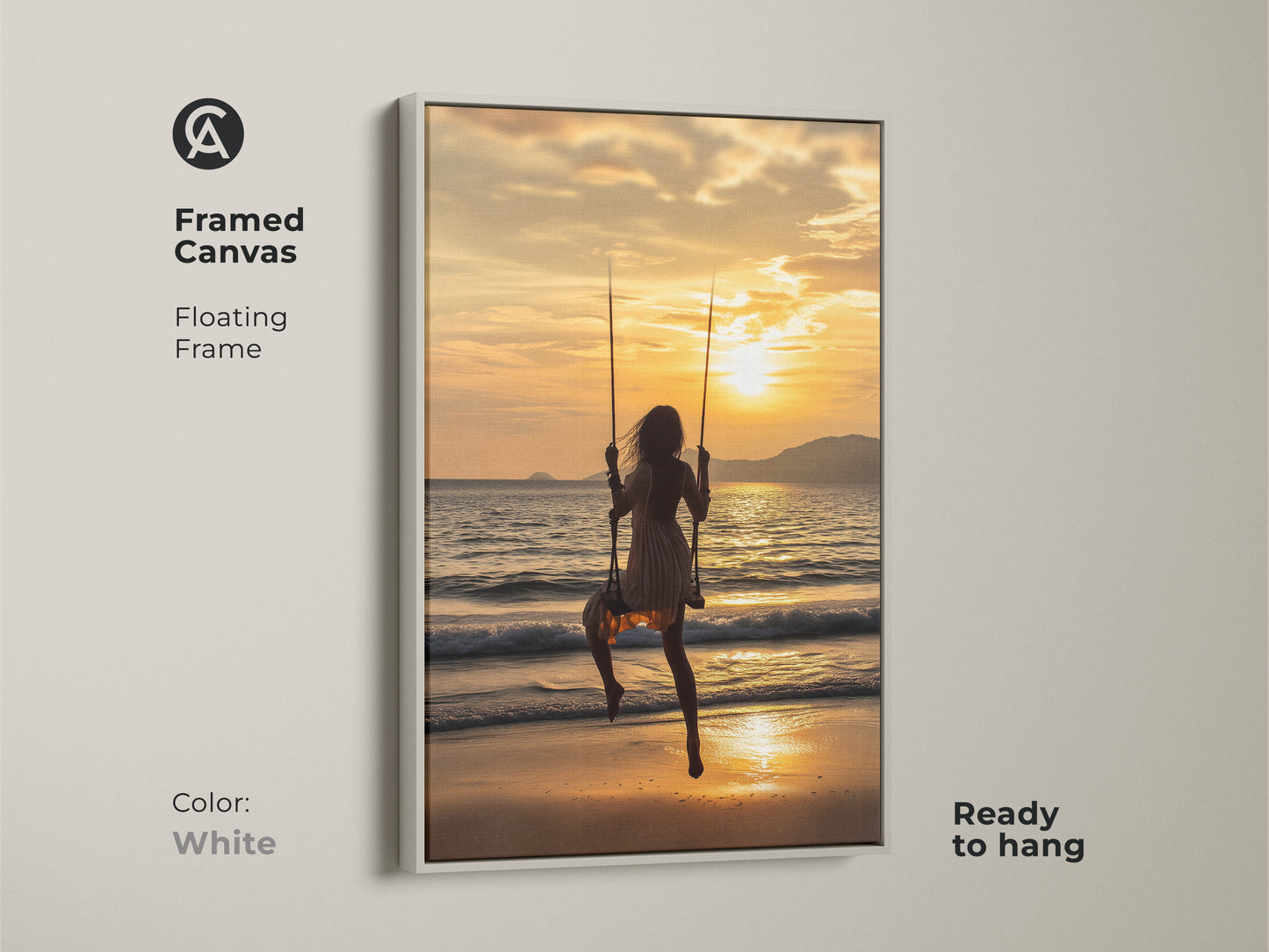 Framed canvas with a floating white frame showing a woman on a swing at sunset. The golden yellow ocean waves evoke a sense of summer vacation. This ready-to-hang artwork is perfect for boho coastal bedroom decor. A serene beach scene print brings a touch of travel to any room.