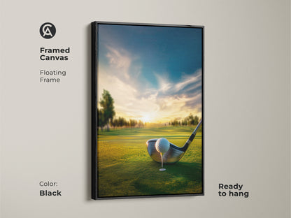 Framed canvas golf course artwork in a black floating frame. A golf ball sits on the tee ready to be launched. This framed art is ready to hang. Enhance your decor with this stunning golf artwork. Buy this framed canvas today.