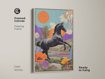 This surreal horse collage art is a framed canvas with a floating white frame. The retro futurism artwork features an orange sun and teal purple colors. It's ready to hang and perfect for eclectic bedroom decor.