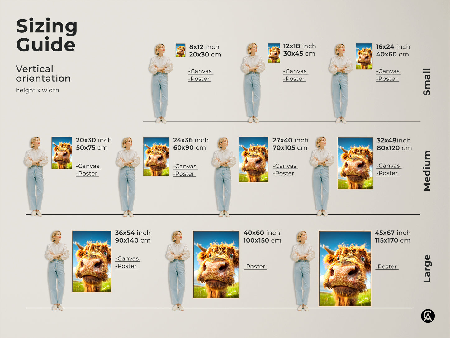 Sizing guide for vertical Highland Cow art. Available as canvas or poster in small medium and large sizes. It's perfect as orange brown home art. Ready to hang.