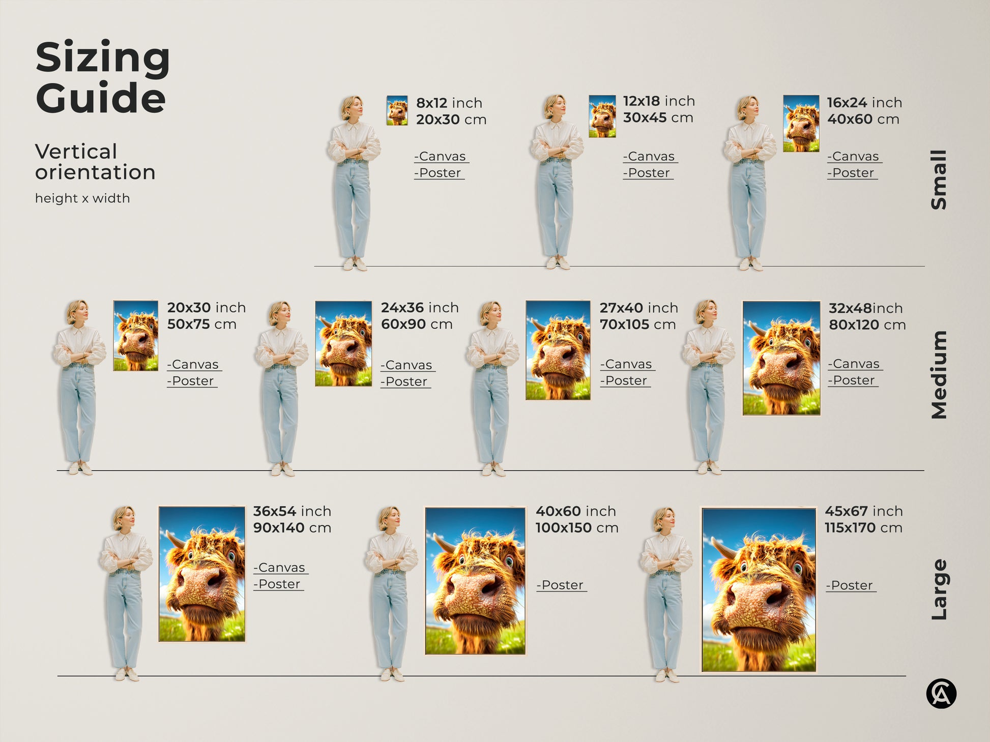 Sizing guide for vertical Highland Cow art. Available as canvas or poster in small medium and large sizes. It's perfect as orange brown home art. Ready to hang.