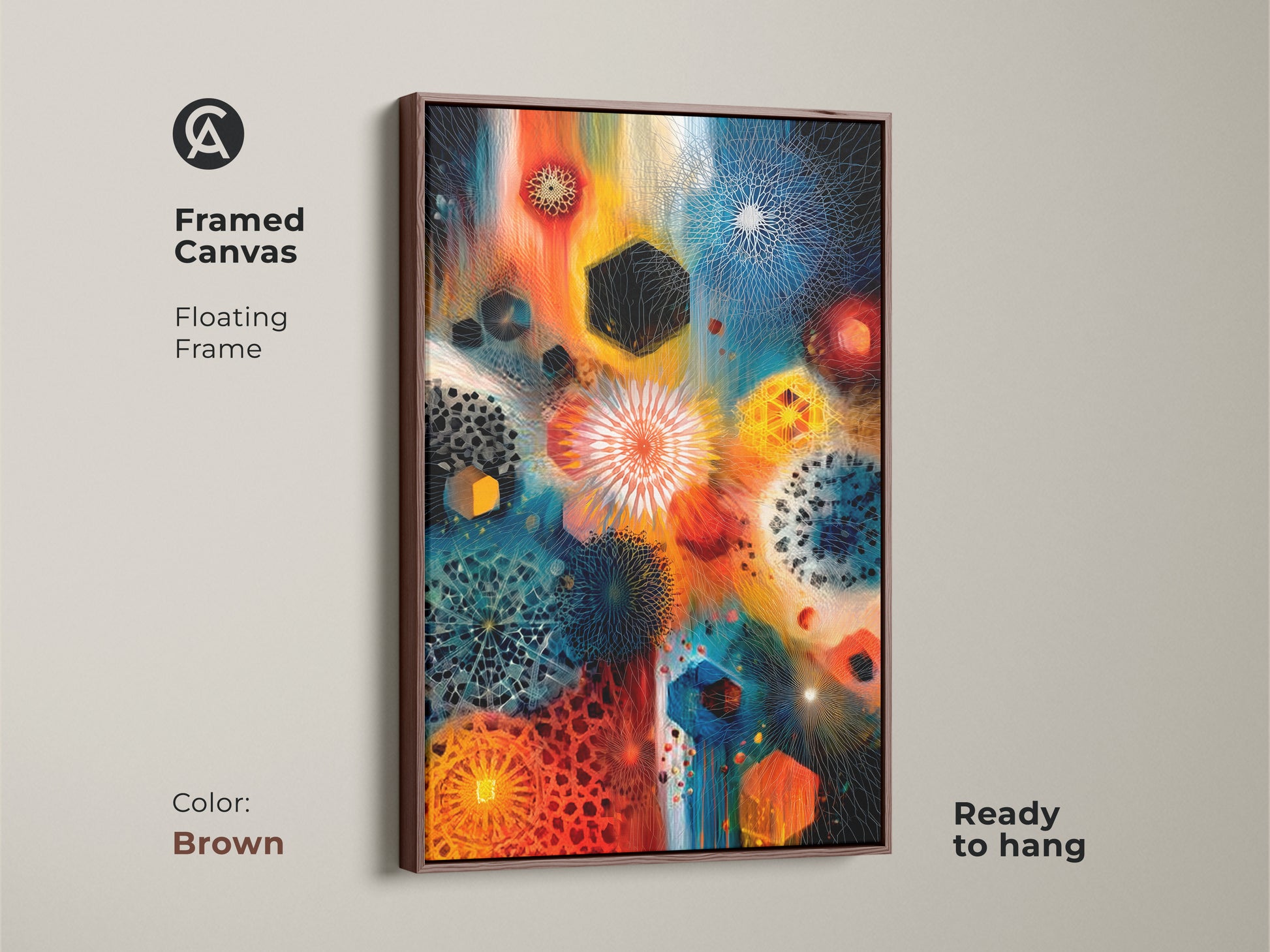 Framed canvas with a brown floating frame showcasing geometric abstract artwork. The contemporary art features orange blue and teal mandala patterns. Ready to hang this piece adds an eclectic touch. Perfect for enhancing your office or home decor