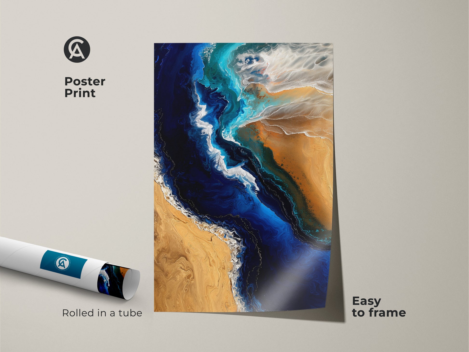 Poster print of abstract shoreline perfect for framing. This fluid art beach print features deep blue and sandy gold colors. This ocean waves wall decor is easy to frame. Rolled in a tube the artwork is ideal for modern coastal art enthusiasts. This print brings the beauty of the ocean into any space.