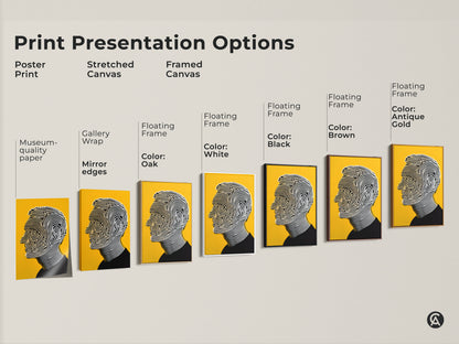 Print presentation options for portrait artwork. Options include poster print stretched canvas and framed canvas. Frames come in colors like white black brown oak and antique gold. Each style enhances the flowing lines and yellow backdrop. Perfect for art collectors.