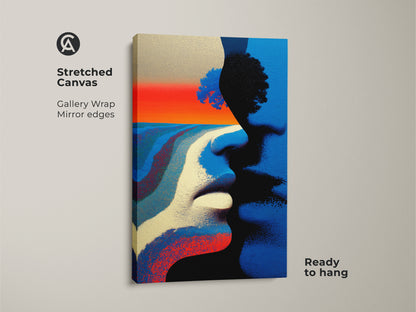 Poster print showcasing abstract couple faces and a tree landscape artwork. The modern figurative art print is rolled in a tube. This vibrant piece is perfect for a contemporary home decor statement.