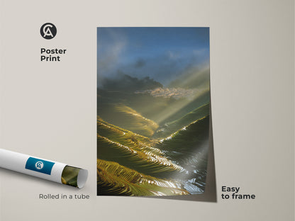 Poster Print of terrace fields with golden sunbeams. This photorealistic village print captures a cinematic landscape. The blue green farmland artwork is easy to frame and perfect for travel lovers.