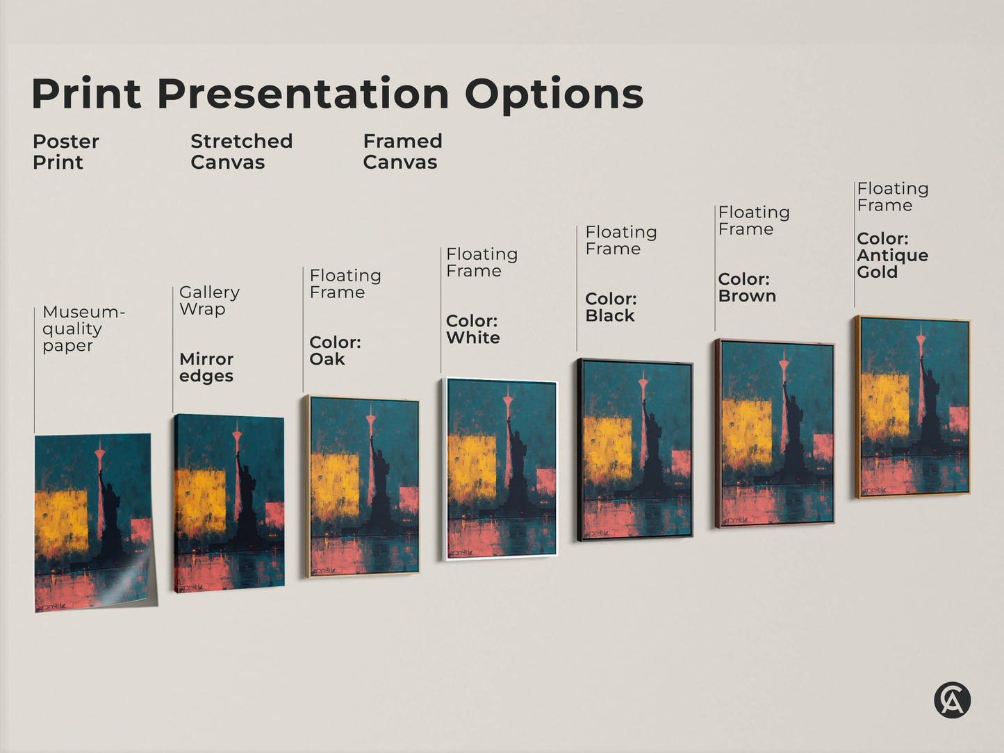Explore the print presentation options for abstract Statue of Liberty art. Choose from poster prints stretched canvas or framed canvas. Options include gallery wrap and various floating frame colors.