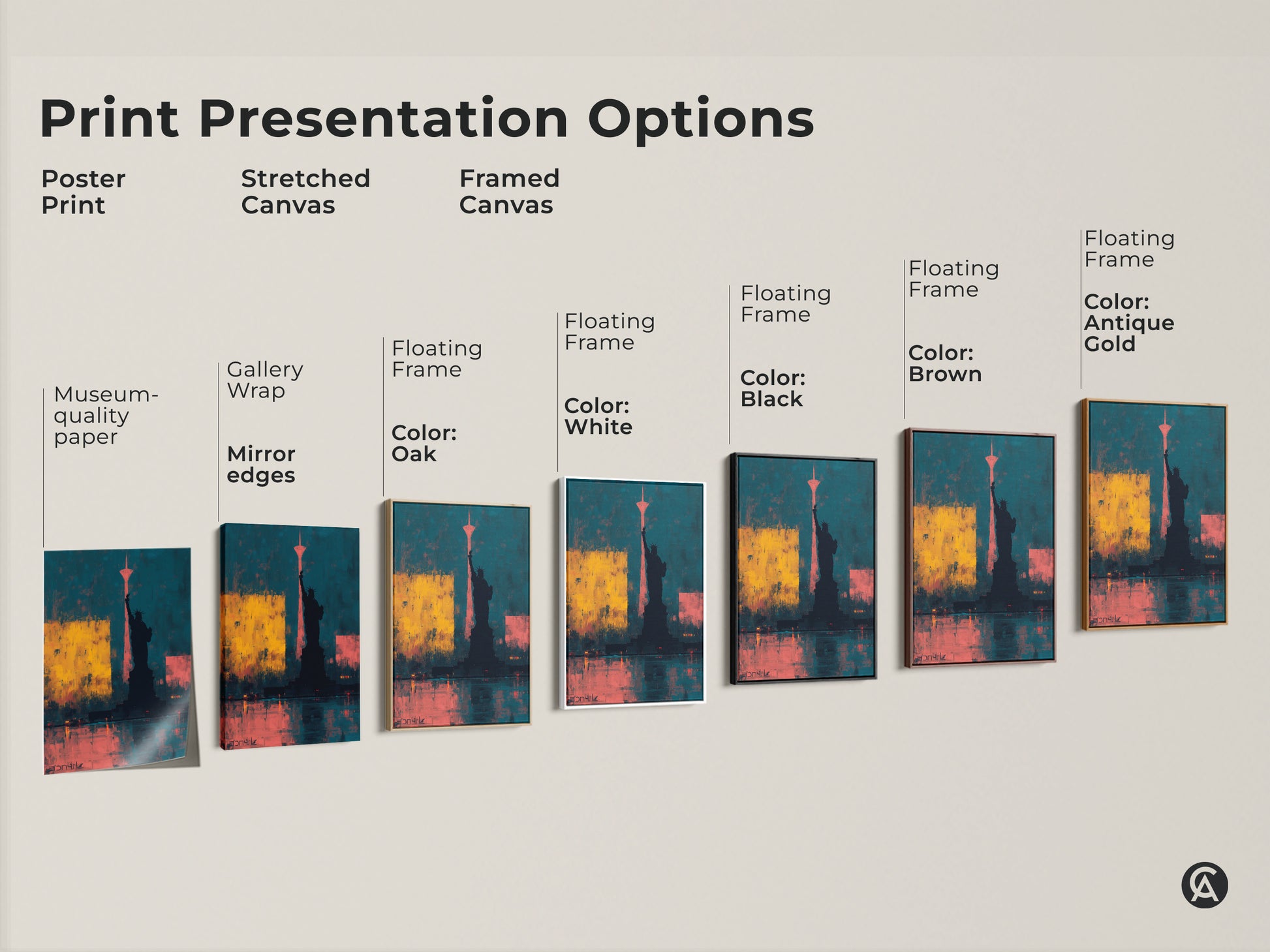 Explore the print presentation options for abstract Statue of Liberty art. Choose from poster prints stretched canvas or framed canvas. Options include gallery wrap and various floating frame colors.
