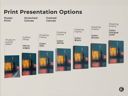 Explore the print presentation options for abstract Statue of Liberty art. Choose from poster prints stretched canvas or framed canvas. Options include gallery wrap and various floating frame colors.