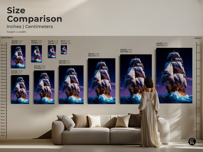 Size comparison of nautical artwork featuring inches and centimeters. The sizes range from 20x30 cm to 45x67 inches. Visualize the tall ship canvas art above a sofa. Select the ideal ocean wave artwork for your home decor.
