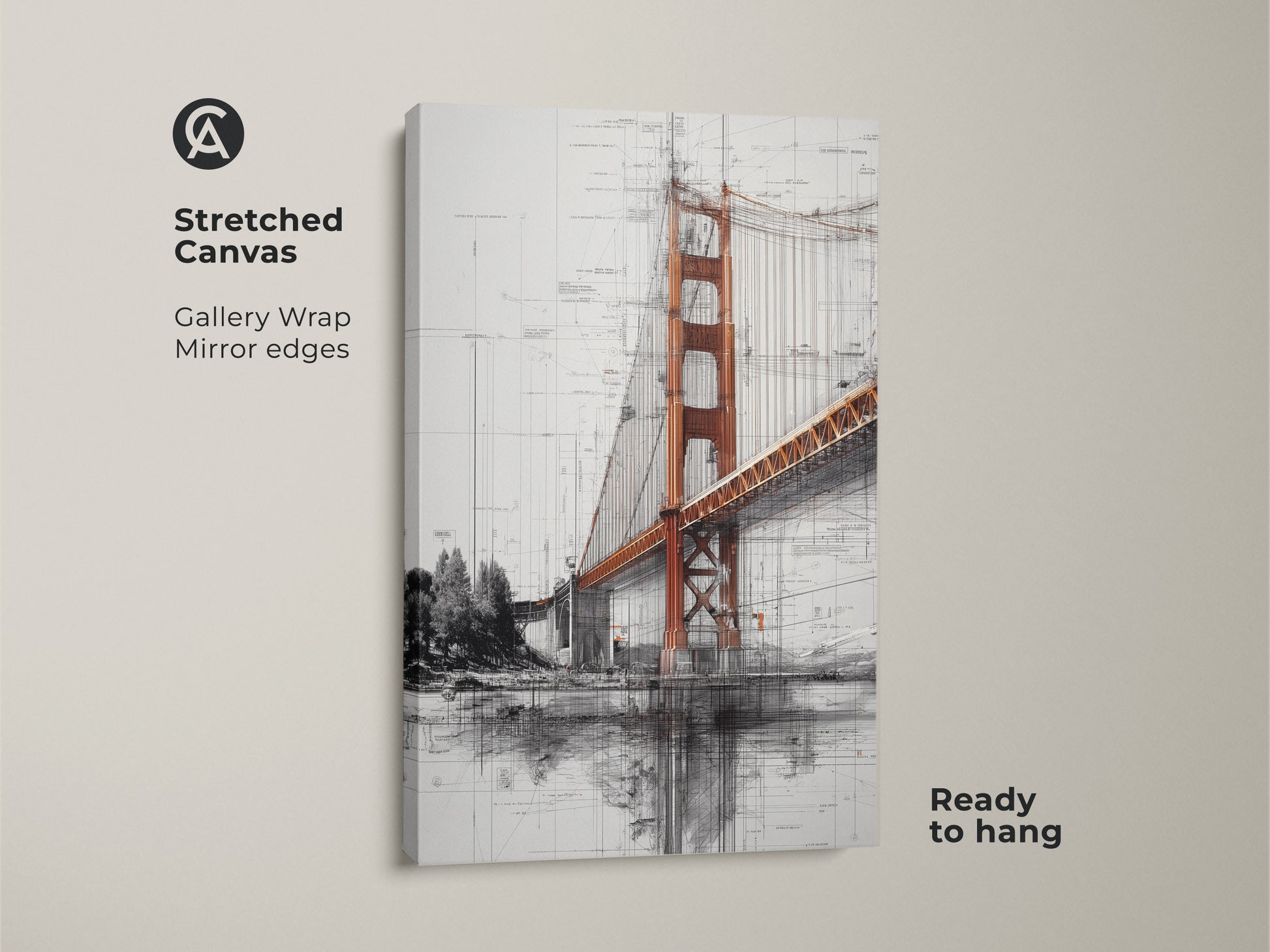Stretched canvas Golden Gate Bridge art in a blueprint style. This industrial wall decor features gallery wrapped edges. Mirror edges give the orange and gray cityscape art a clean look. It is ready to hang. This architectural sketch print is perfect for office or home.