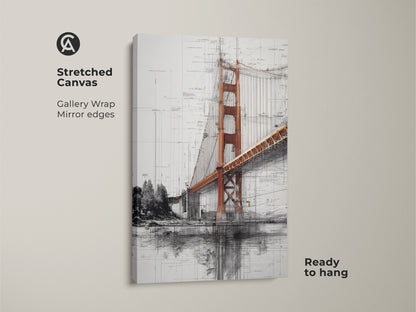 Stretched canvas Golden Gate Bridge art in a blueprint style. This industrial wall decor features gallery wrapped edges. Mirror edges give the orange and gray cityscape art a clean look. It is ready to hang. This architectural sketch print is perfect for office or home.