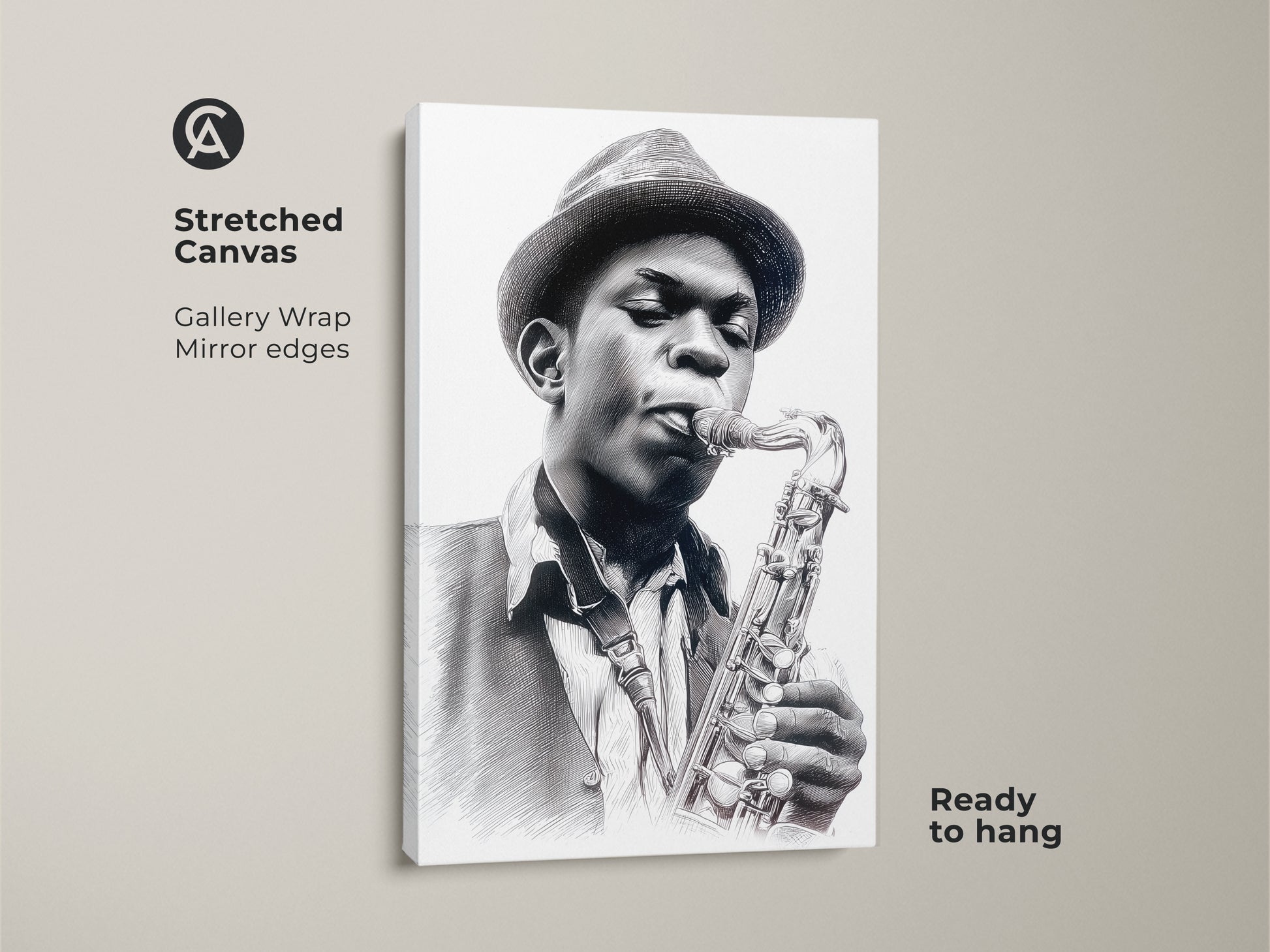 Stretched canvas print of a saxophone player portrait. The gallery wrapped canvas features mirror edges. The black and white artwork of the musician with a hat is ready to hang. The man is holding his saxophone.