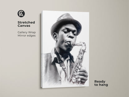 Stretched canvas print of a saxophone player portrait. The gallery wrapped canvas features mirror edges. The black and white artwork of the musician with a hat is ready to hang. The man is holding his saxophone.