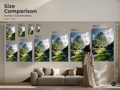 Size comparison featuring a green and blue mountain landscape artwork. See how the canvas sizes compare next to furniture. Find the perfect nature artwork for your home decor.