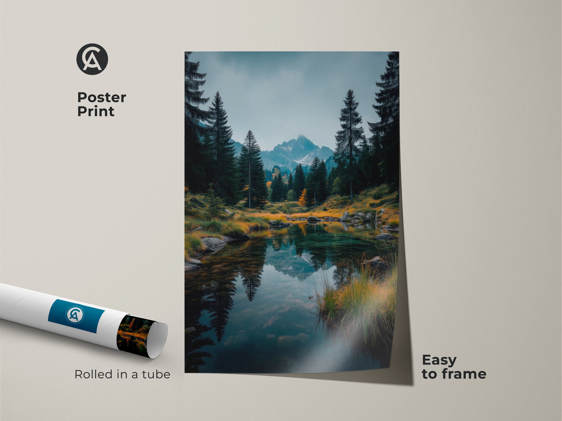 Poster print featuring a mountain lake artwork. This museum-quality poster showcases a peaceful nature scene. Rolled in a tube it's easy to frame. Perfect for adding a touch of nature to your walls.