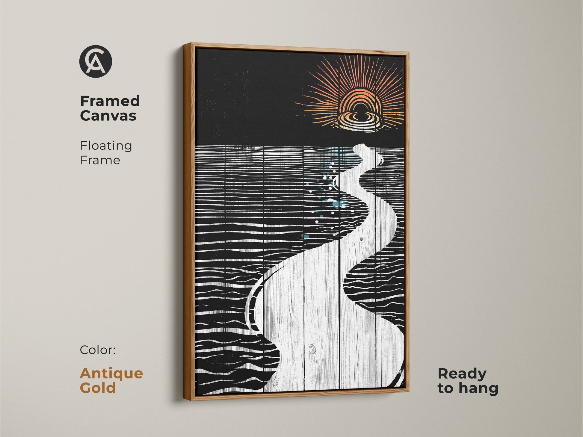 Framed canvas art in antique gold featuring an abstract river sunset minimalist linocut. The floating frame provides a unique artistic touch for contemporary wall art decor.