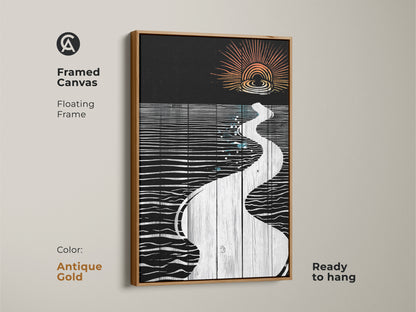 Framed canvas art in antique gold featuring an abstract river sunset minimalist linocut. The floating frame provides a unique artistic touch for contemporary wall art decor.