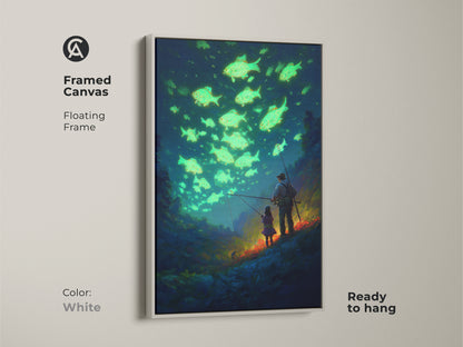 This framed canvas in a white floating frame shows a father and daughter fishing. This deep blue adventure artwork is a unique piece. It is ready to hang to enhance your wall art.