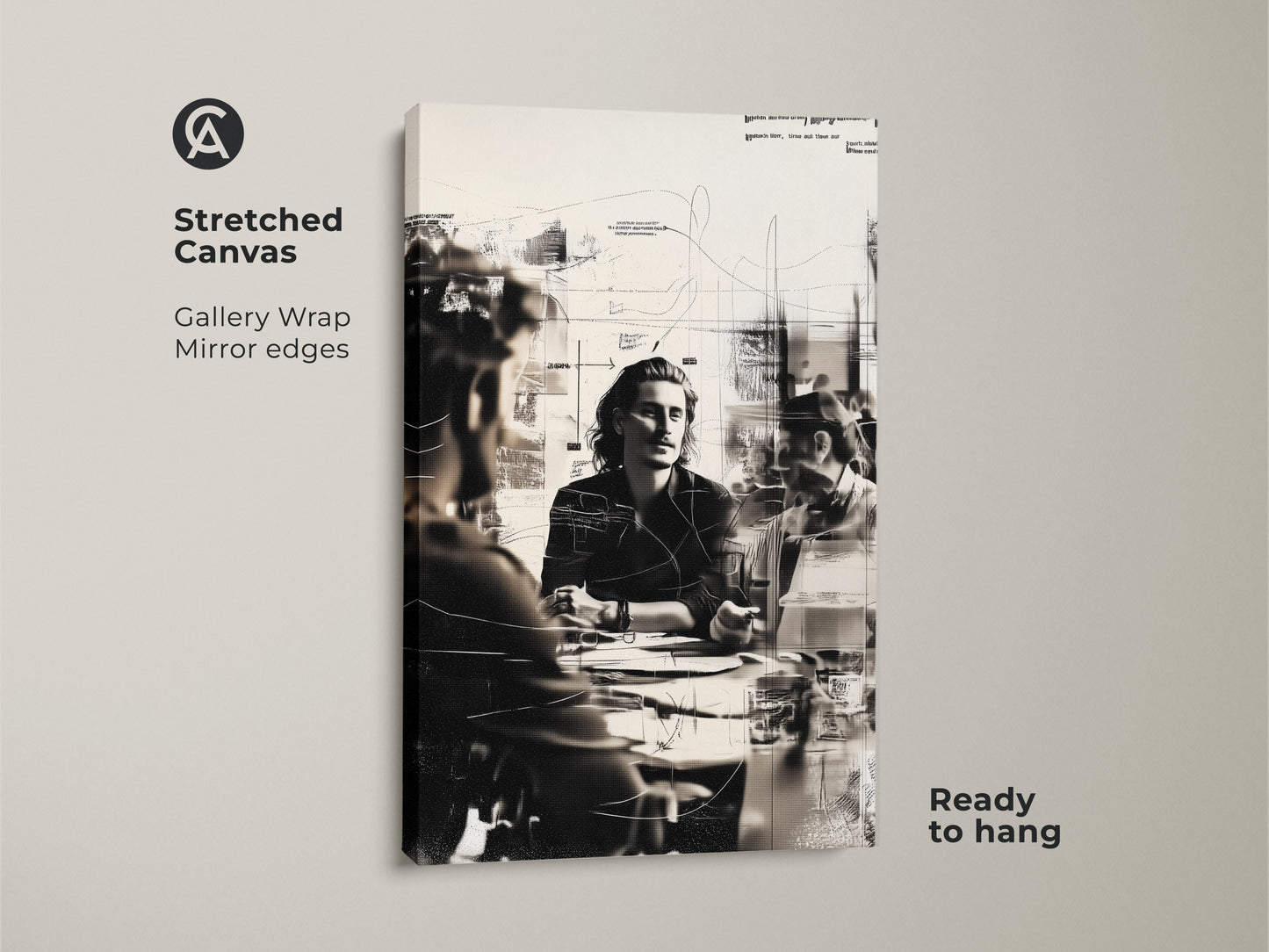 Stretched canvas print featuring a monochrome abstract sketch of a business meeting. The gallery wrap with mirror edges gives it a modern look. Ready to hang this contemporary office wall decor is perfect for any workspace. Shop now!