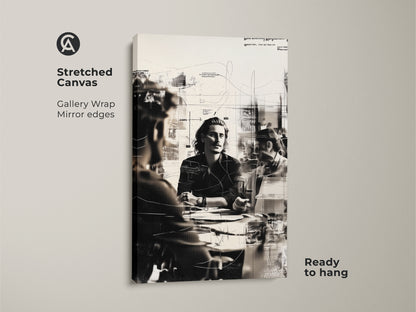 Stretched canvas print featuring a monochrome abstract sketch of a business meeting. The gallery wrap with mirror edges gives it a modern look. Ready to hang this contemporary office wall decor is perfect for any workspace. Shop now!