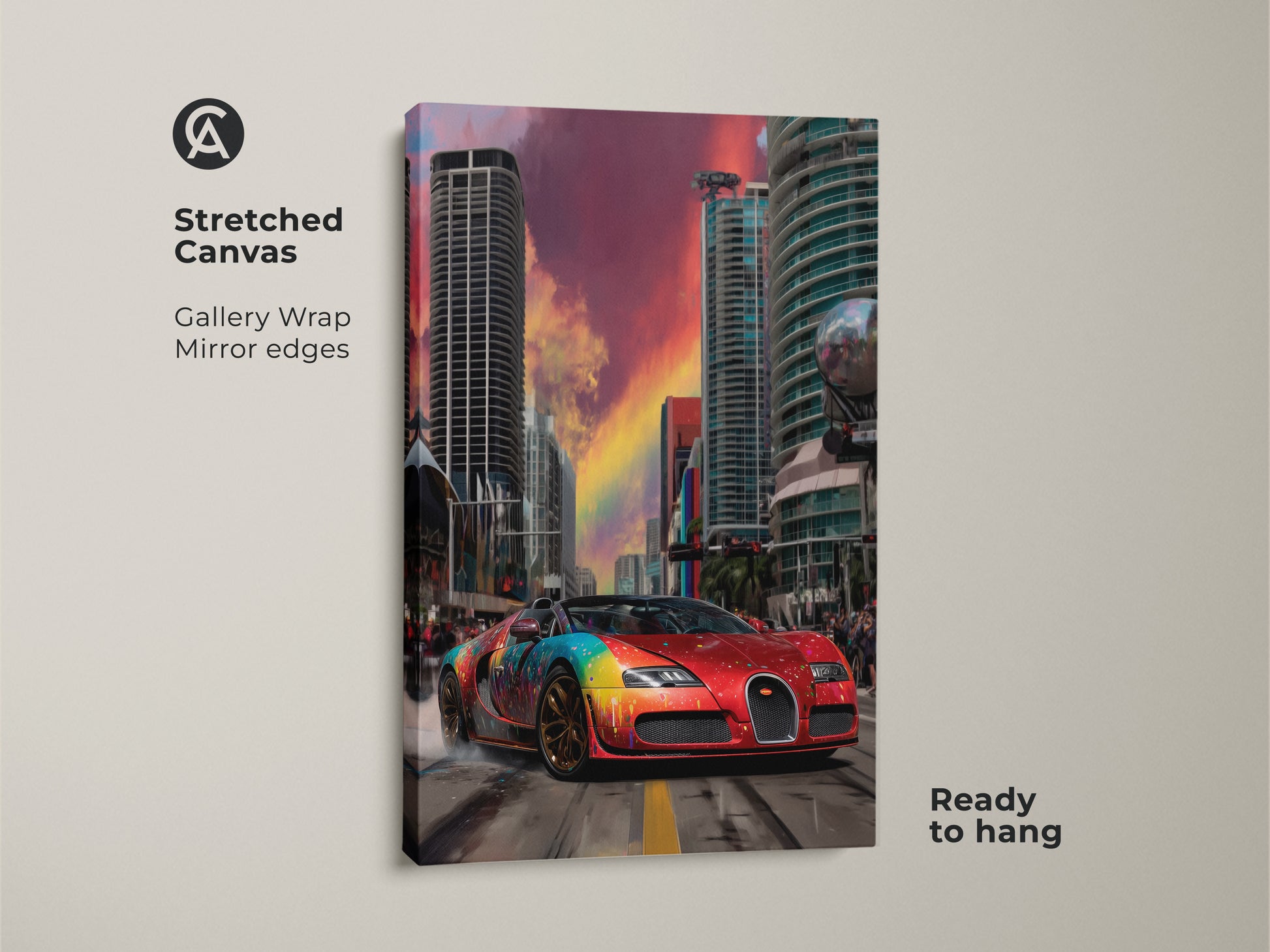 This stretched canvas art shows a dynamic red sports car in a cityscape. The abstract graffiti and rainbow splatter create a contemporary feel. Ready to hang gallery wrap with mirror edges. This car artwork is perfect for adding color to any room. It is a unique and vibrant piece. This canvas will enhance your home or office decor. Car lovers will enjoy the modern urban artwork.