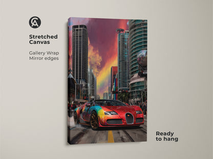 This stretched canvas art shows a dynamic red sports car in a cityscape. The abstract graffiti and rainbow splatter create a contemporary feel. Ready to hang gallery wrap with mirror edges. This car artwork is perfect for adding color to any room. It is a unique and vibrant piece. This canvas will enhance your home or office decor. Car lovers will enjoy the modern urban artwork.