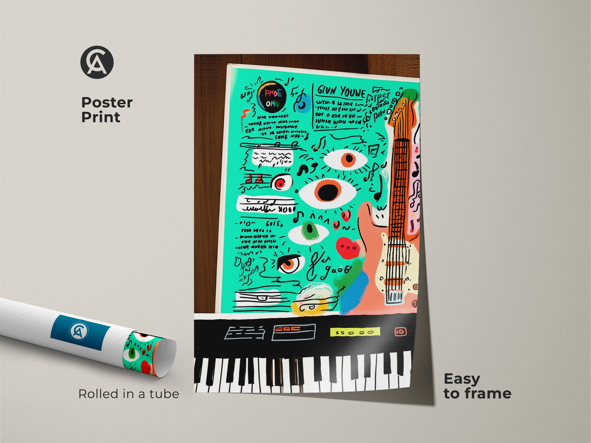 This Poster Print features teal orange pop art. The artwork combines guitars keyboards and abstract doodles for eclectic vibes. Easy to frame making it a versatile wall decor option. This music lover gift adds a splash of color to any studio or music room.