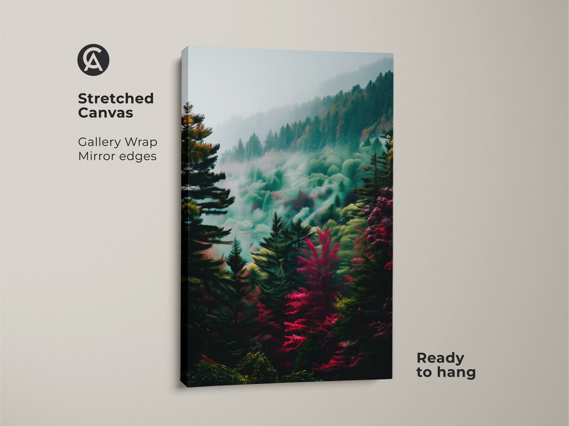 Stretched canvas art featuring a misty forest scene. Gallery wrapped with mirrored edges this piece is ready to hang. The colorful trees and foggy atmosphere create a serene focal point.