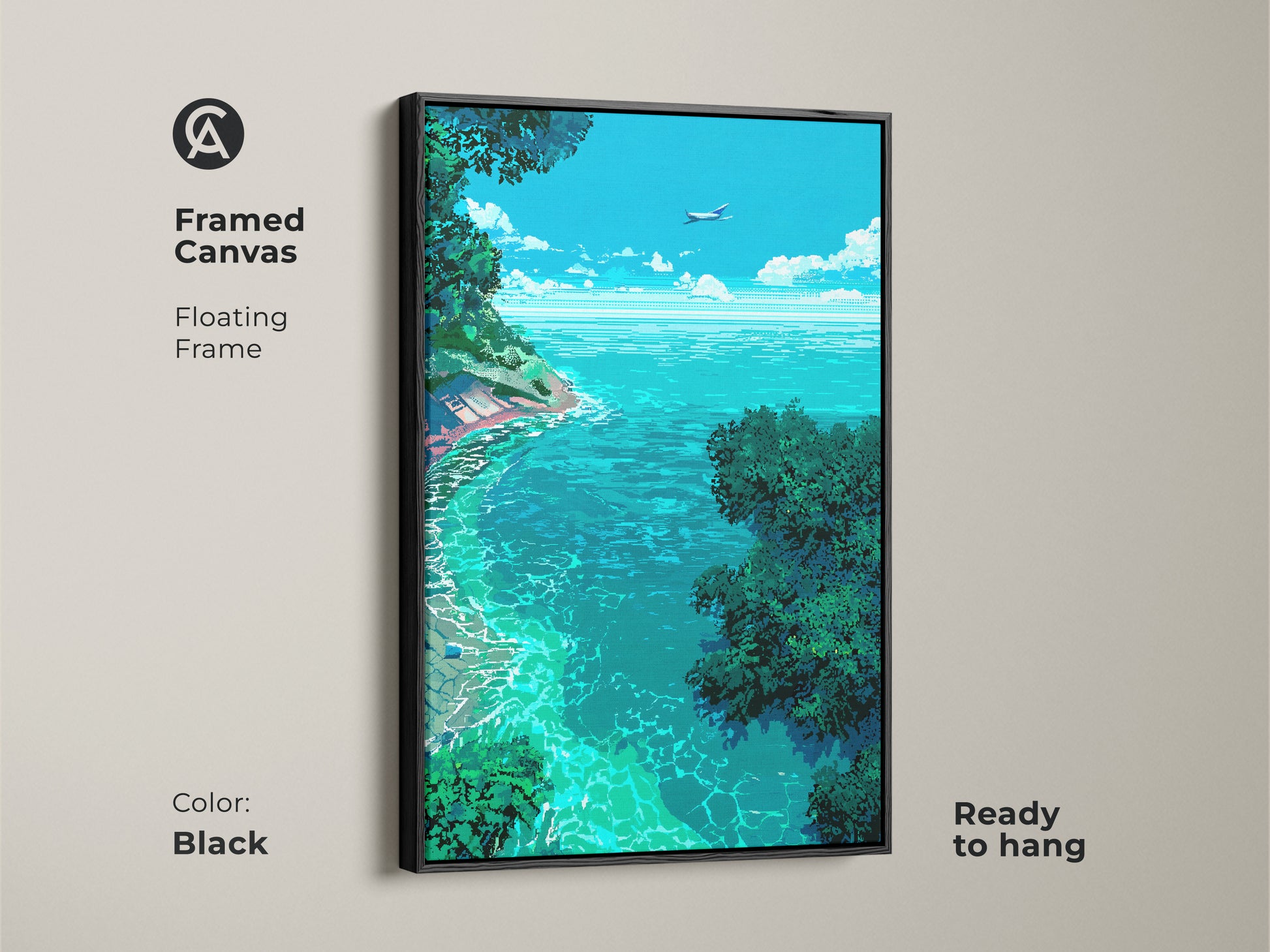 Black framed canvas art showcasing a pixelated ocean scene. The artwork captures a beautiful tropical beach with green vegetation and a clear sky with an airplane. The floating frame adds a touch of elegance. Ready to hang.