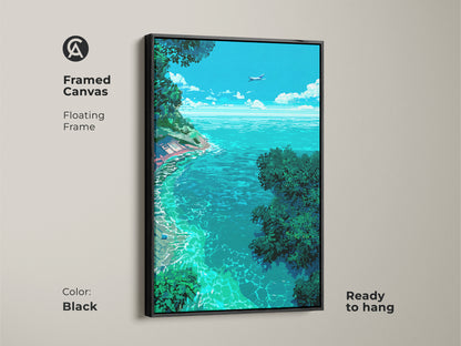 Black framed canvas art showcasing a pixelated ocean scene. The artwork captures a beautiful tropical beach with green vegetation and a clear sky with an airplane. The floating frame adds a touch of elegance. Ready to hang.