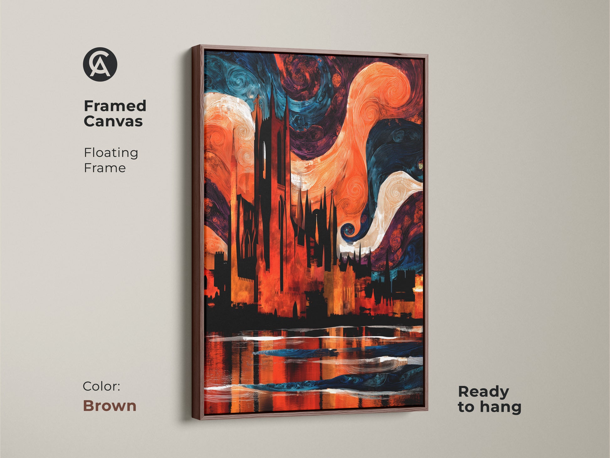 Framed Canvas featuring an Abstract Gothic Cathedral wall artwork in a floating brown frame. This piece brings an eclectic touch to your home. The orange and blue swirls in this artistic print are ready to hang.