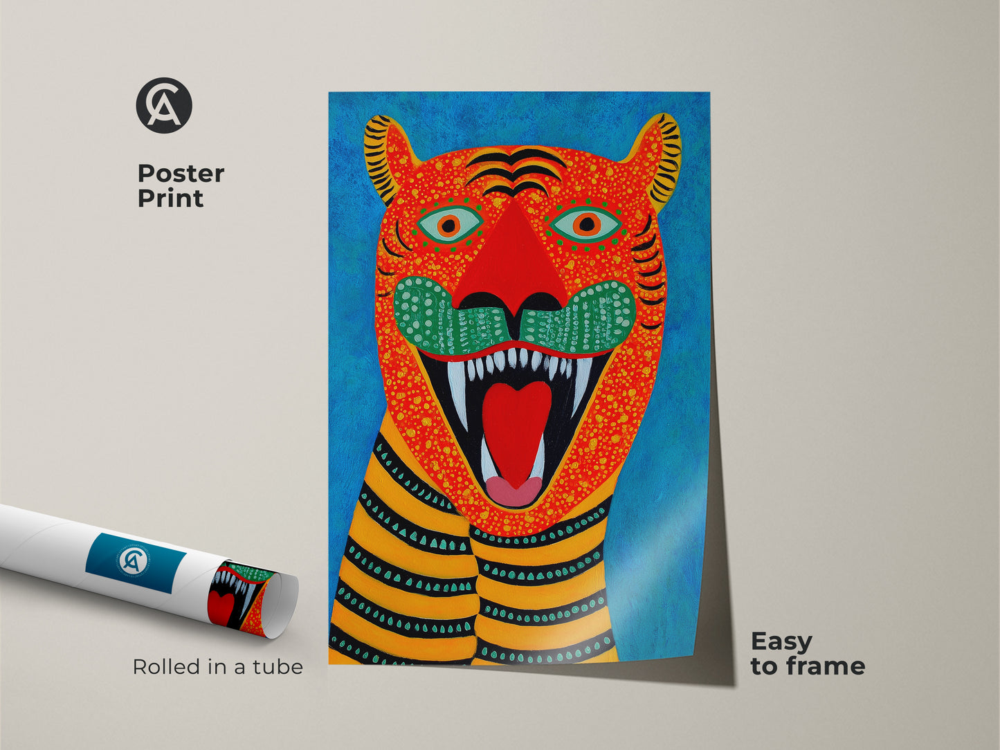 A folk art tiger poster print rolled in a tube ready to frame. The naive art animal print is easy to frame. Great for wildlife canvas art lovers. It's ideal for eclectic wall decor.