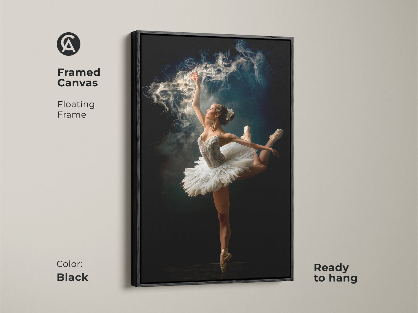 Framed canvas art of a ballerina with a black floating frame. Ready to hang this artwork features a dancer in a graceful pose with a magical smoke effect. The black frame adds a touch of modern elegance. Perfect for any room.
