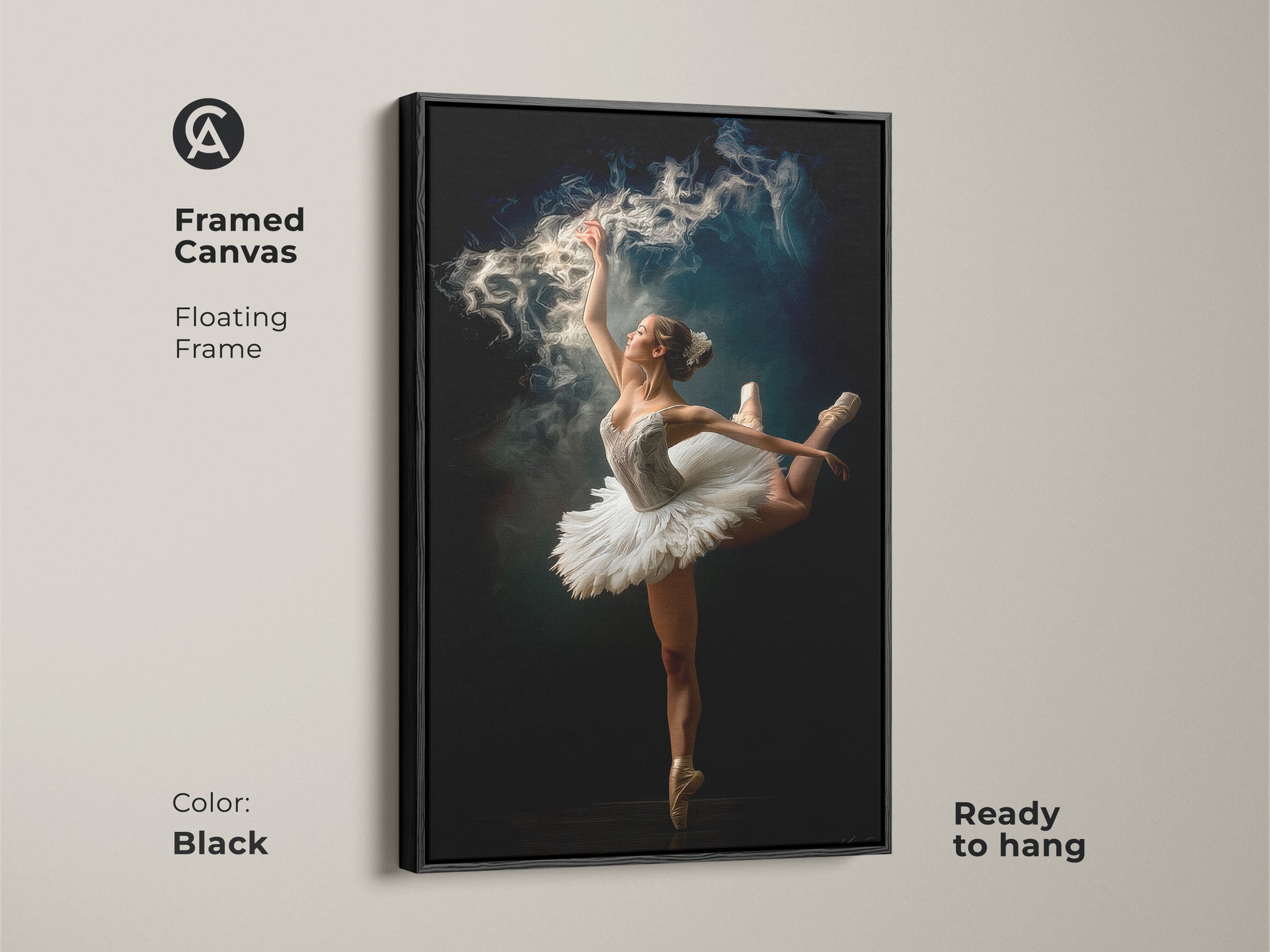 Framed canvas art of a ballerina with a black floating frame. Ready to hang this artwork features a dancer in a graceful pose with a magical smoke effect. The black frame adds a touch of modern elegance. Perfect for any room.