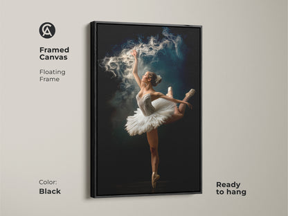 Framed canvas art of a ballerina with a black floating frame. Ready to hang this artwork features a dancer in a graceful pose with a magical smoke effect. The black frame adds a touch of modern elegance. Perfect for any room.