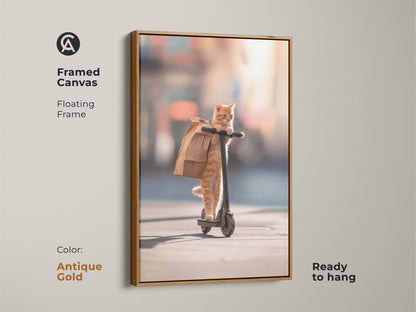 Framed canvas art featuring a cat riding a scooter. The antique gold frame adds a touch of elegance. This ready-to-hang artwork will brighten any space. Ideal for cat enthusiasts and art lovers.