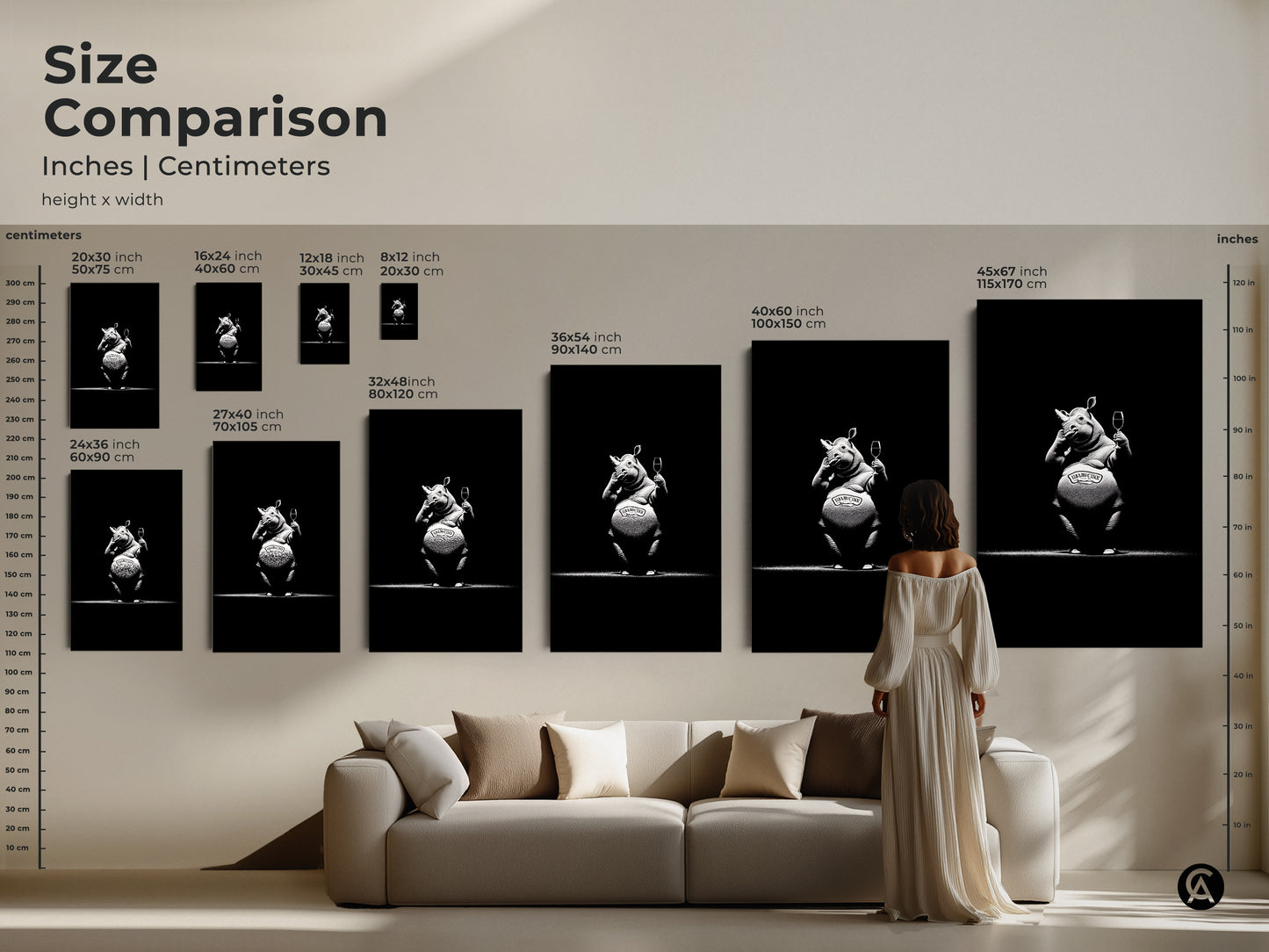 Size comparison humorous rhino artwork in inches & centimeters. See how this sophisticated monochrome bar decor fits above a sofa. From small to large this black and white fine art print adds charm. Perfect for eclectic animal illustration or wine enthusiast gift print. Find the ideal size for your home bar today