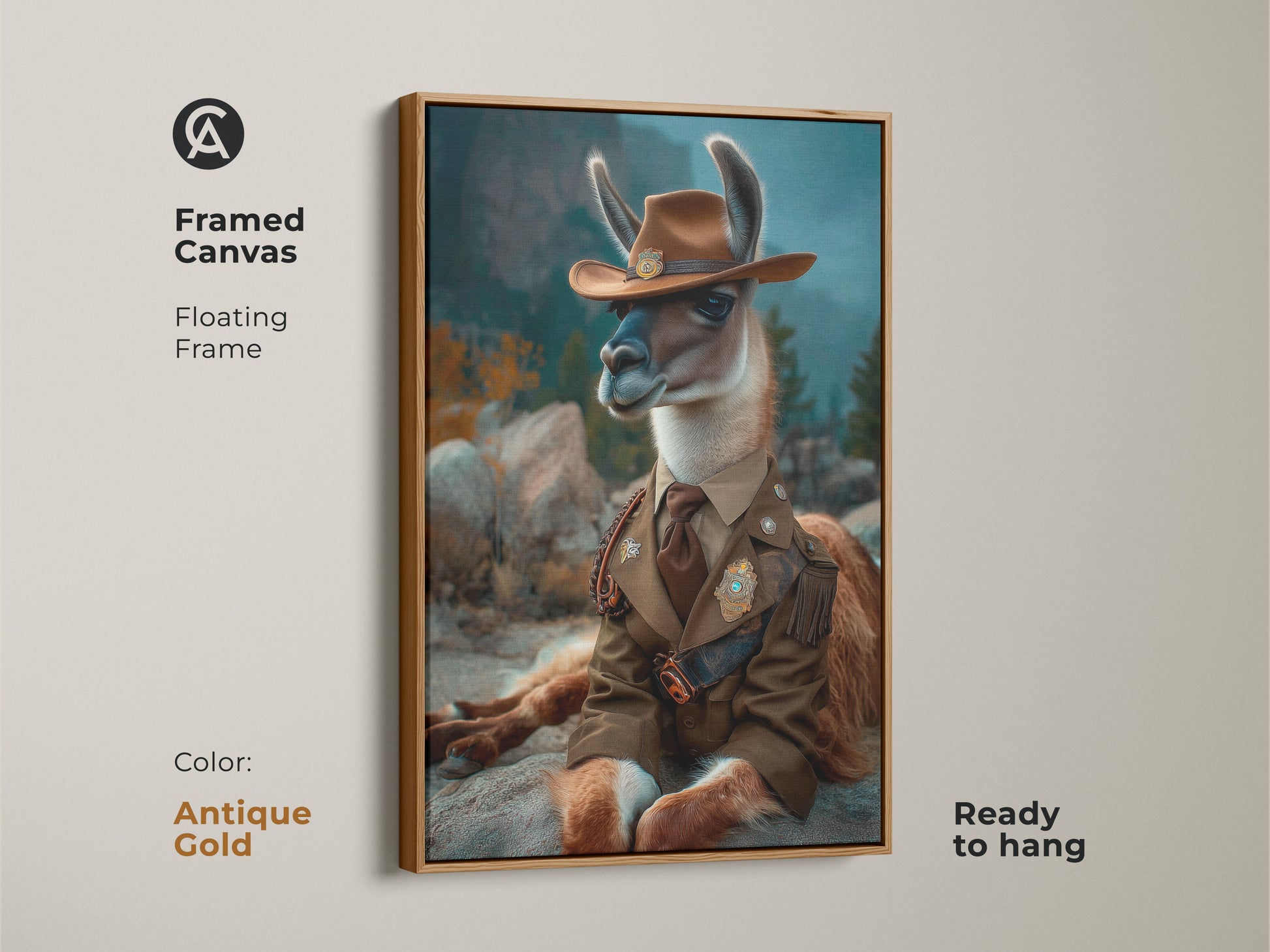 Antique Gold framed canvas featuring the Llama Cowboy in a floating frame. This animal portrait adds a touch of fantasy to any study room. Ready to hang this artwork makes for a special animal lover gift.