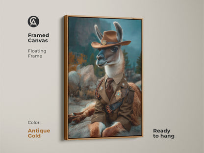 Antique Gold framed canvas featuring the Llama Cowboy in a floating frame. This animal portrait adds a touch of fantasy to any study room. Ready to hang this artwork makes for a special animal lover gift.