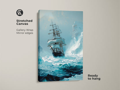 A stretched canvas of a tall ship sailing icy waters is displayed. The gallery wrap has mirror edges offering a seamless look. This nautical adventure wall art is ready to hang showcasing deep teal and arctic blue hues.