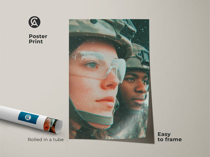 Check out our poster print. The art showcases two soldiers. The poster is easy to frame. It arrives rolled in a tube. This print is ideal for adding a touch of patriotism. A cost-effective art solution.