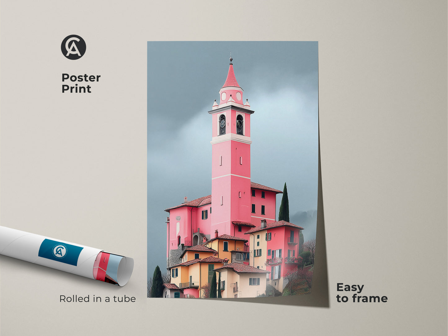 Poster print of a pink church tower. European village painting is easy to frame. Travel inspired wall decor makes a unique statement with Italian architecture.