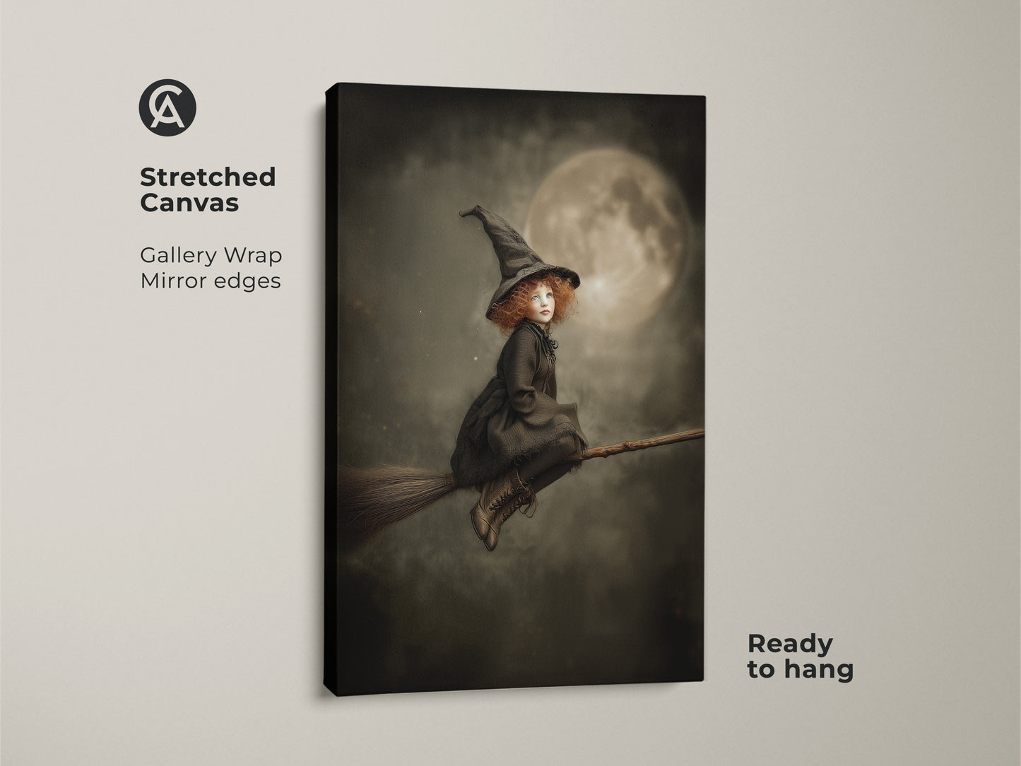 Gallery wrapped stretched canvas art shows a little witch on her broomstick. This gothic fantasy art is ready to hang. It's perfect Halloween decor for a kids room. The dark academia aesthetic is vintage and magical. The moonlit witch art is unique.