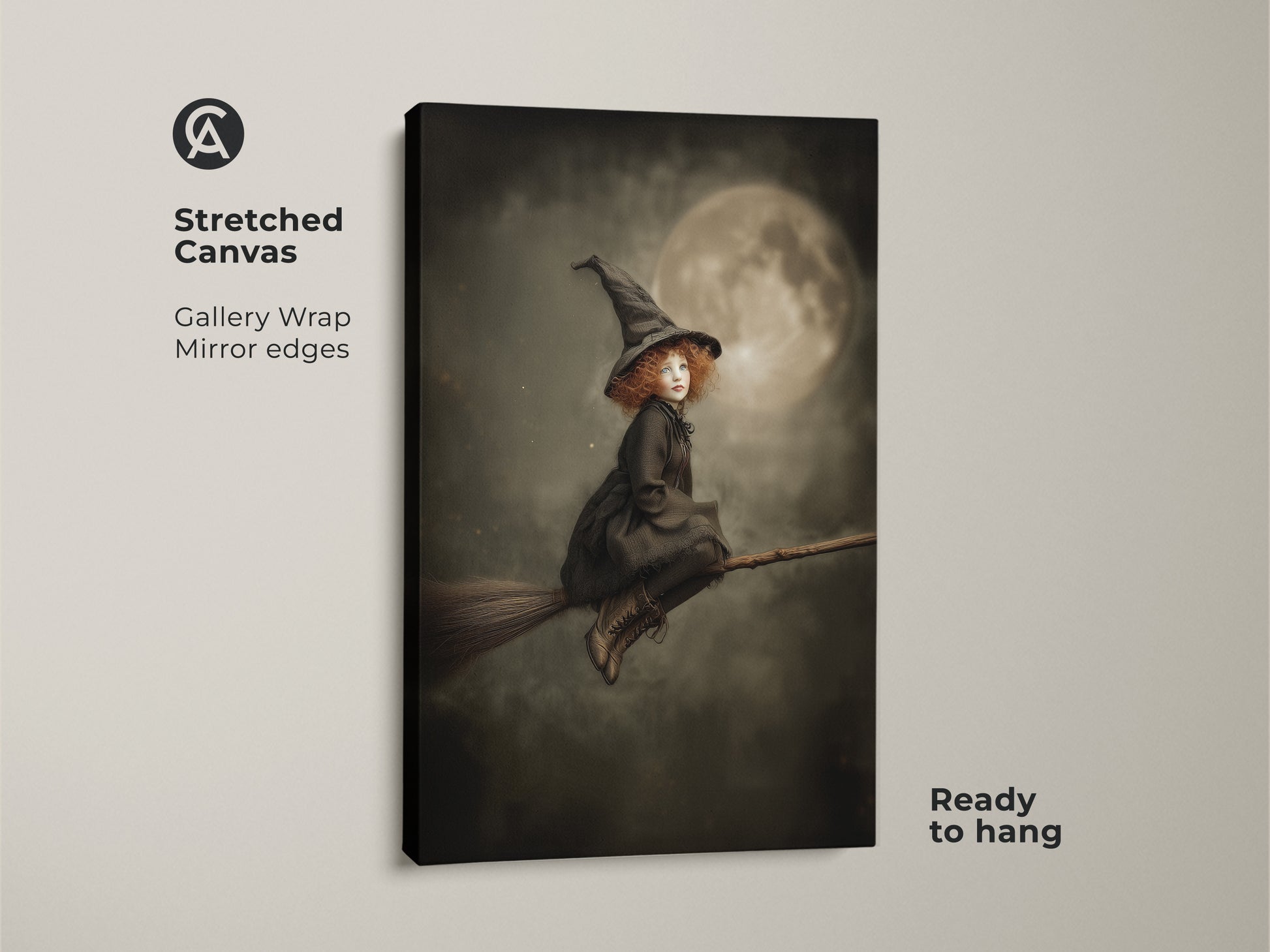 Gallery wrapped stretched canvas art shows a little witch on her broomstick. This gothic fantasy art is ready to hang. It's perfect Halloween decor for a kids room. The dark academia aesthetic is vintage and magical. The moonlit witch art is unique.