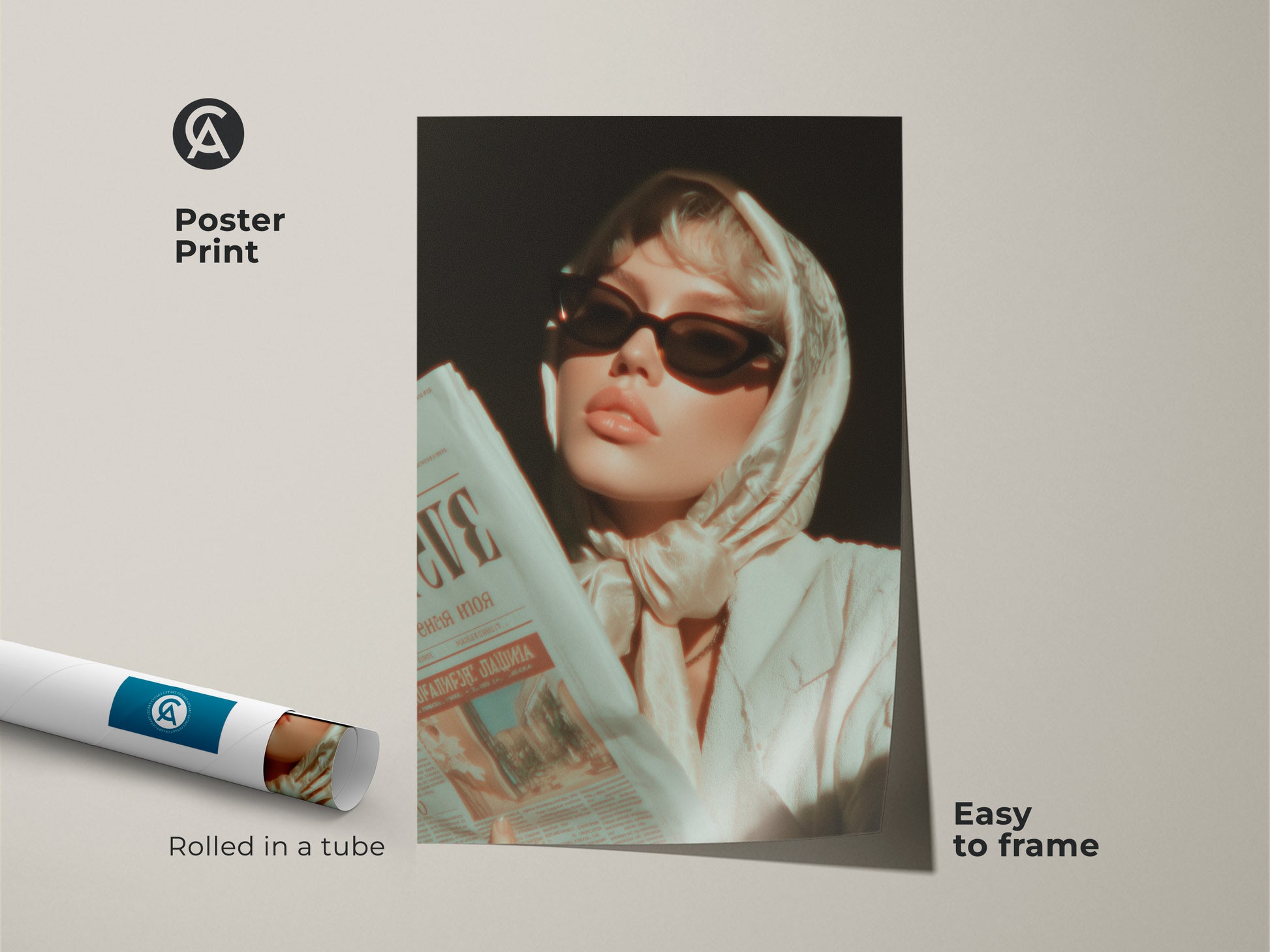 Poster Print of a Woman Reading Newspaper. This retro glamour fashion artwork features cream beige tones. It's an easy-to-frame aesthetic wall decor. Ideal neutral tone art for bedroom and vanity. Rolled in a protective tube.